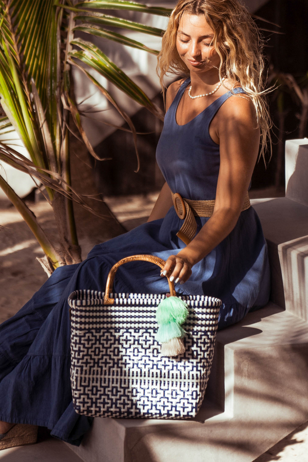Preppy Tile Navy / White Citron Tote – Bamboo