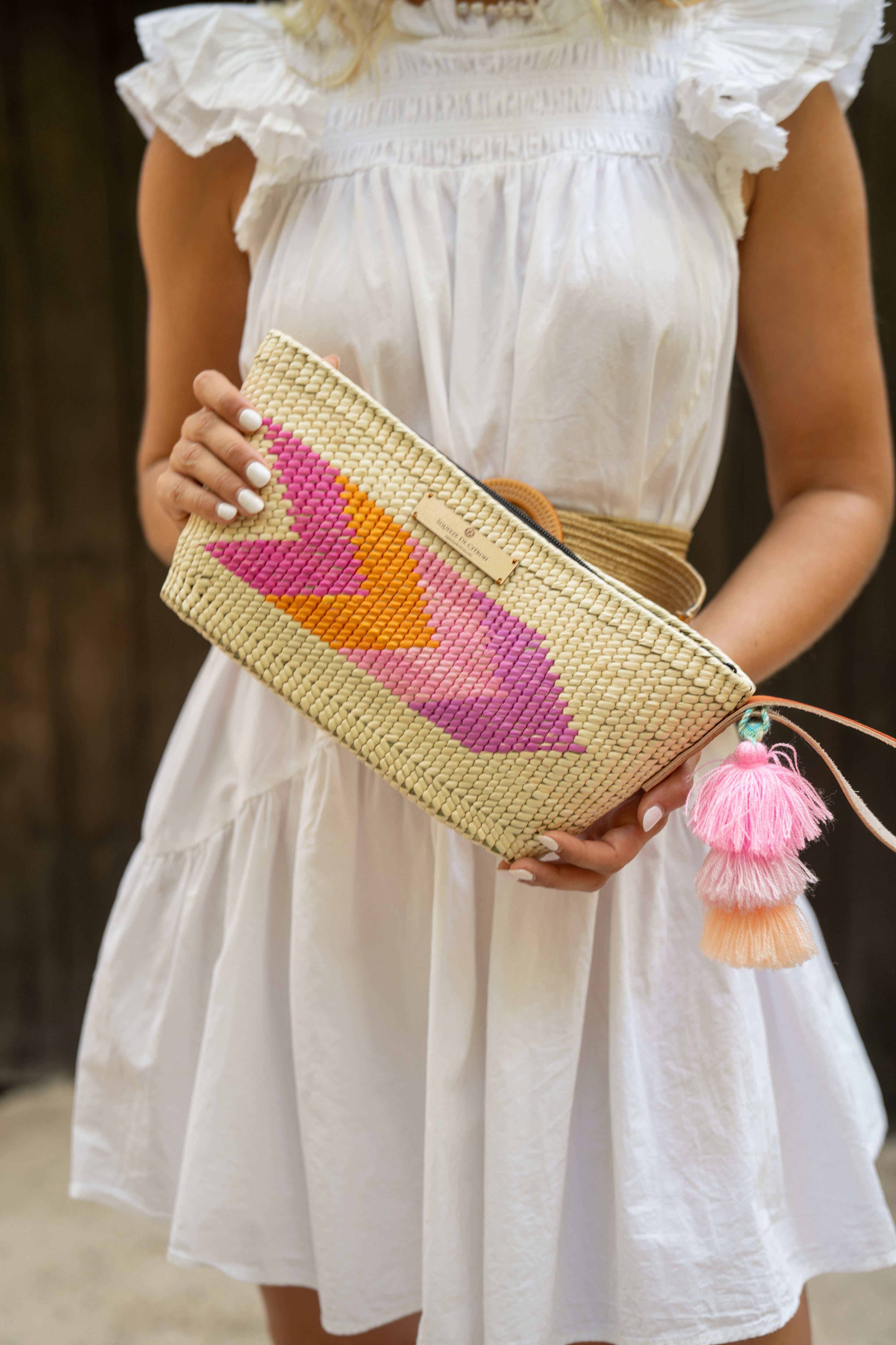 Fine Palm Arrow Clutch in Rose / Mango