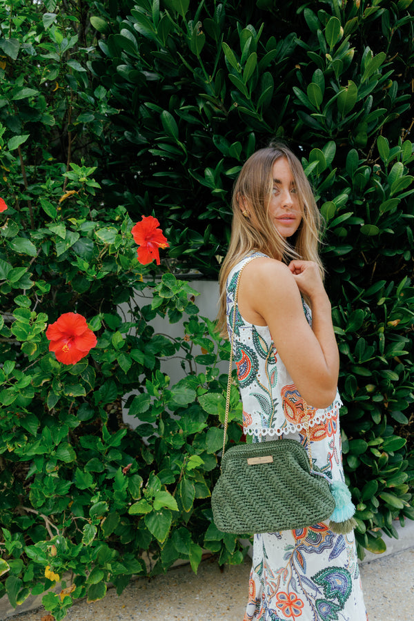 Forest Green Raffia Clutch – Large