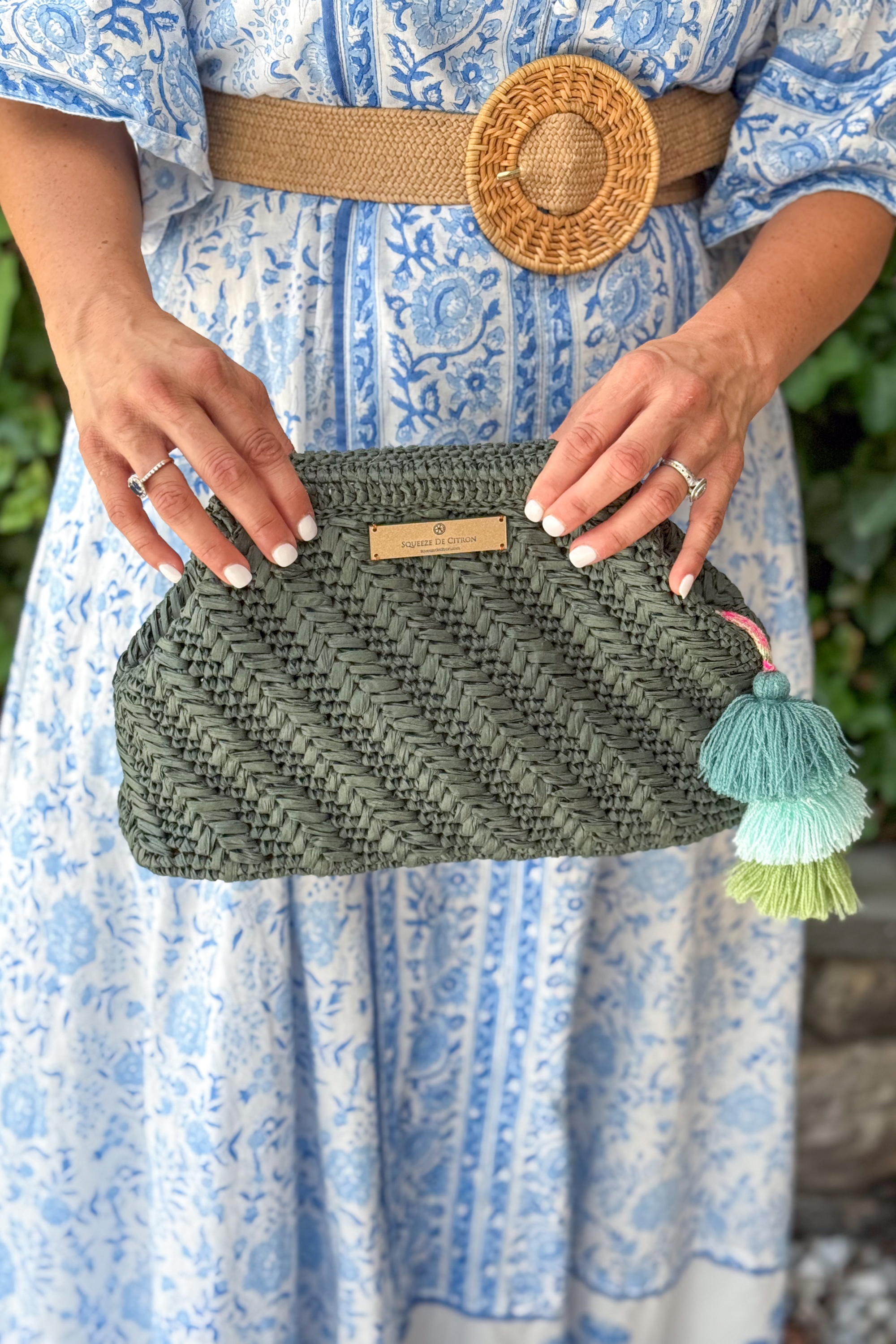 Forest Green Raffia Clutch (Golden Strap Included)