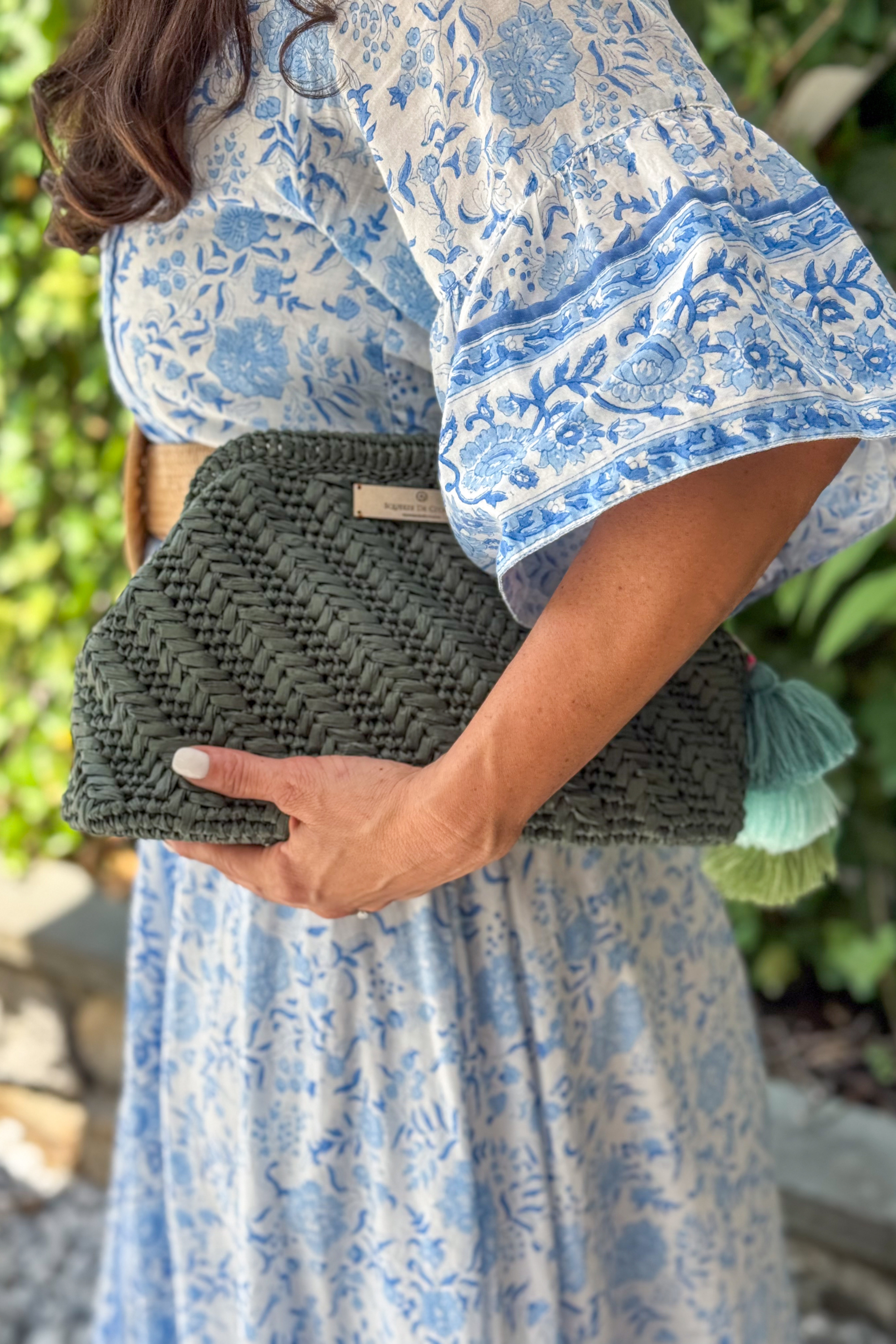 Forest Green Raffia Clutch (Golden Strap Included)