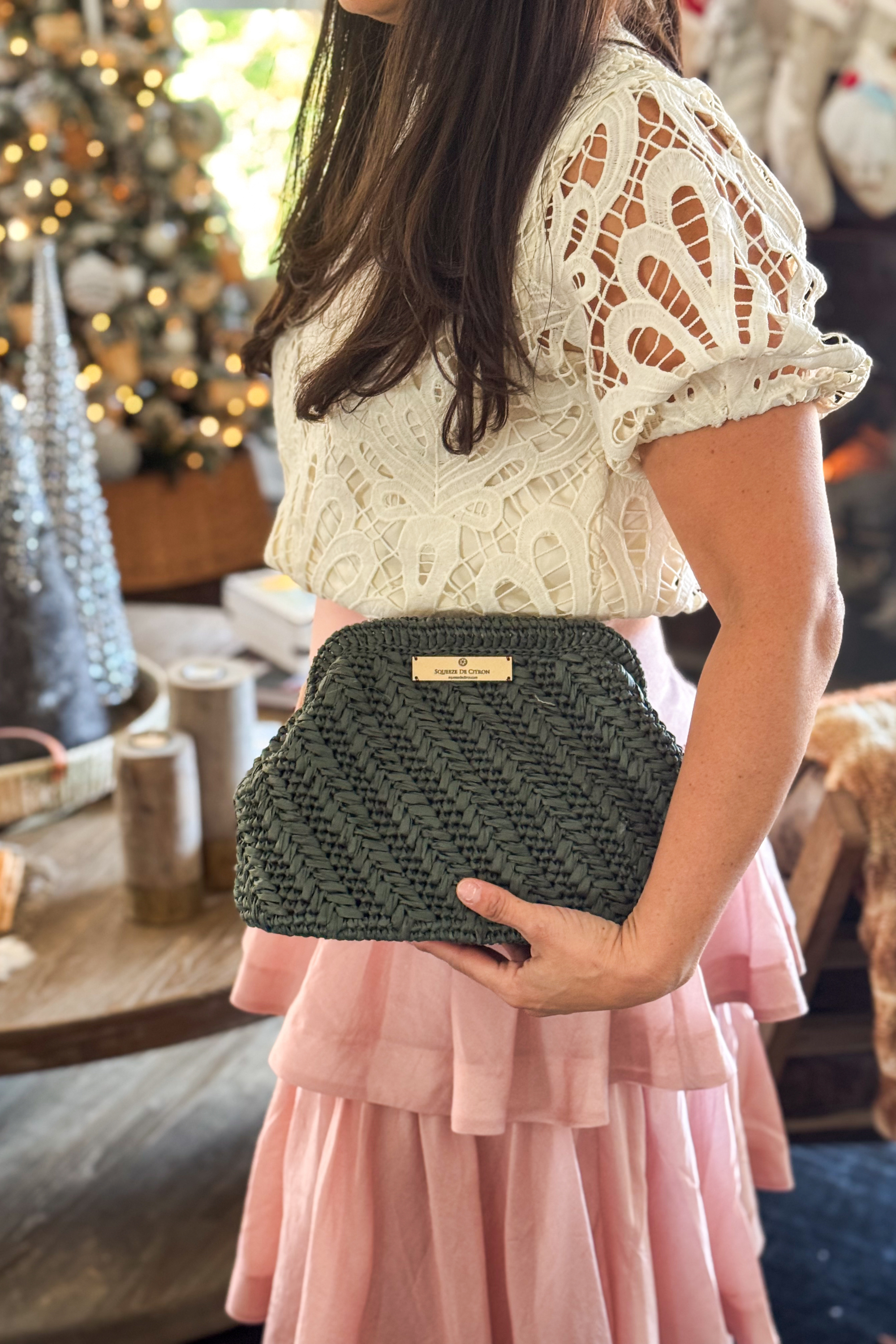 Forest Green Raffia Clutch
