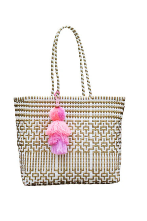 Preppy Tile Gold & White Citron Tote – Medium
