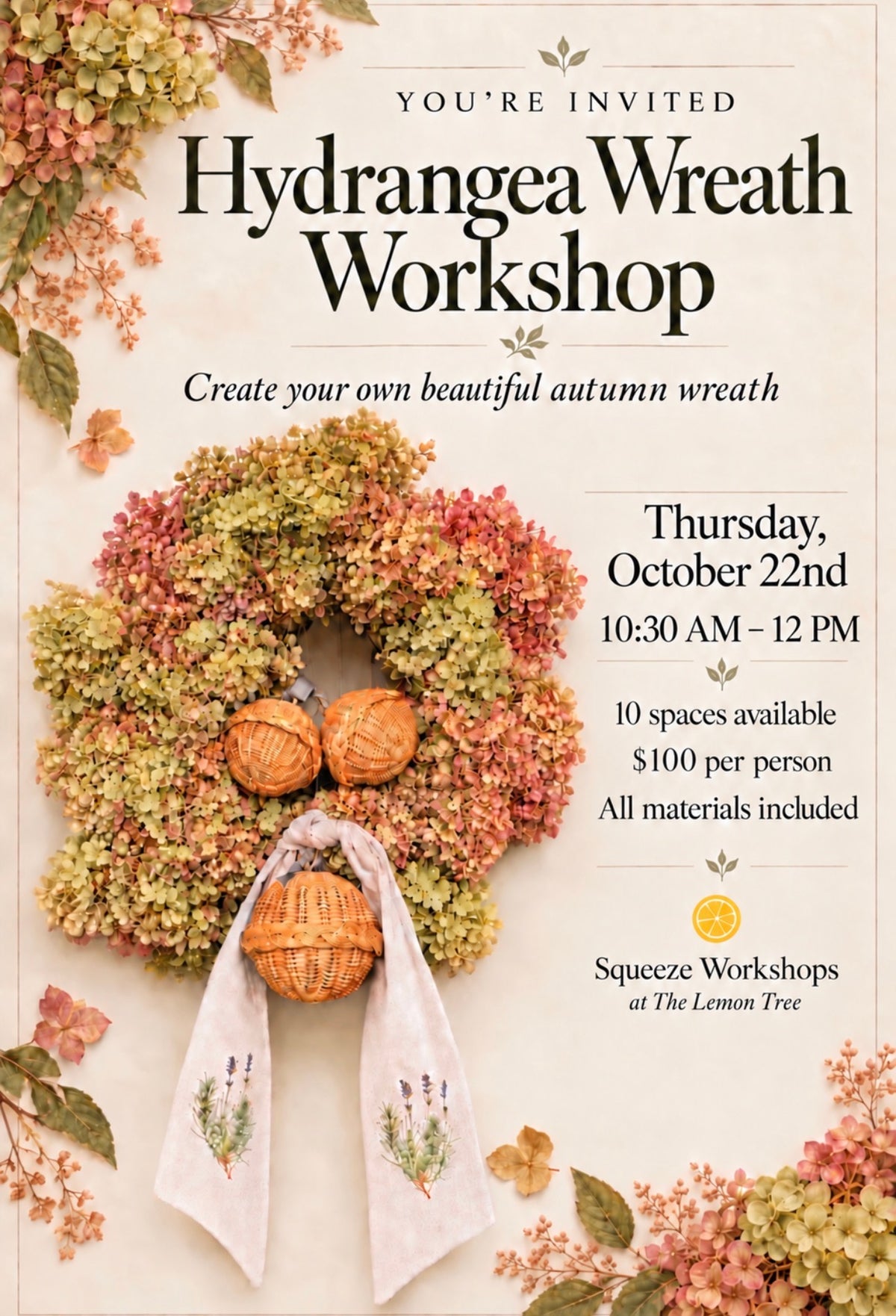 Workshop at Lemon Tree Create your own hydrangea wreath Lila