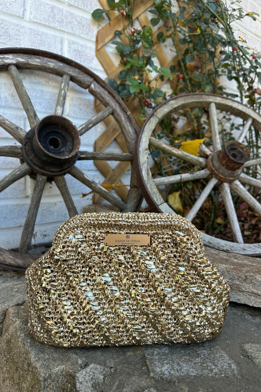 The Raffia Knot Citron Clutch in Gold