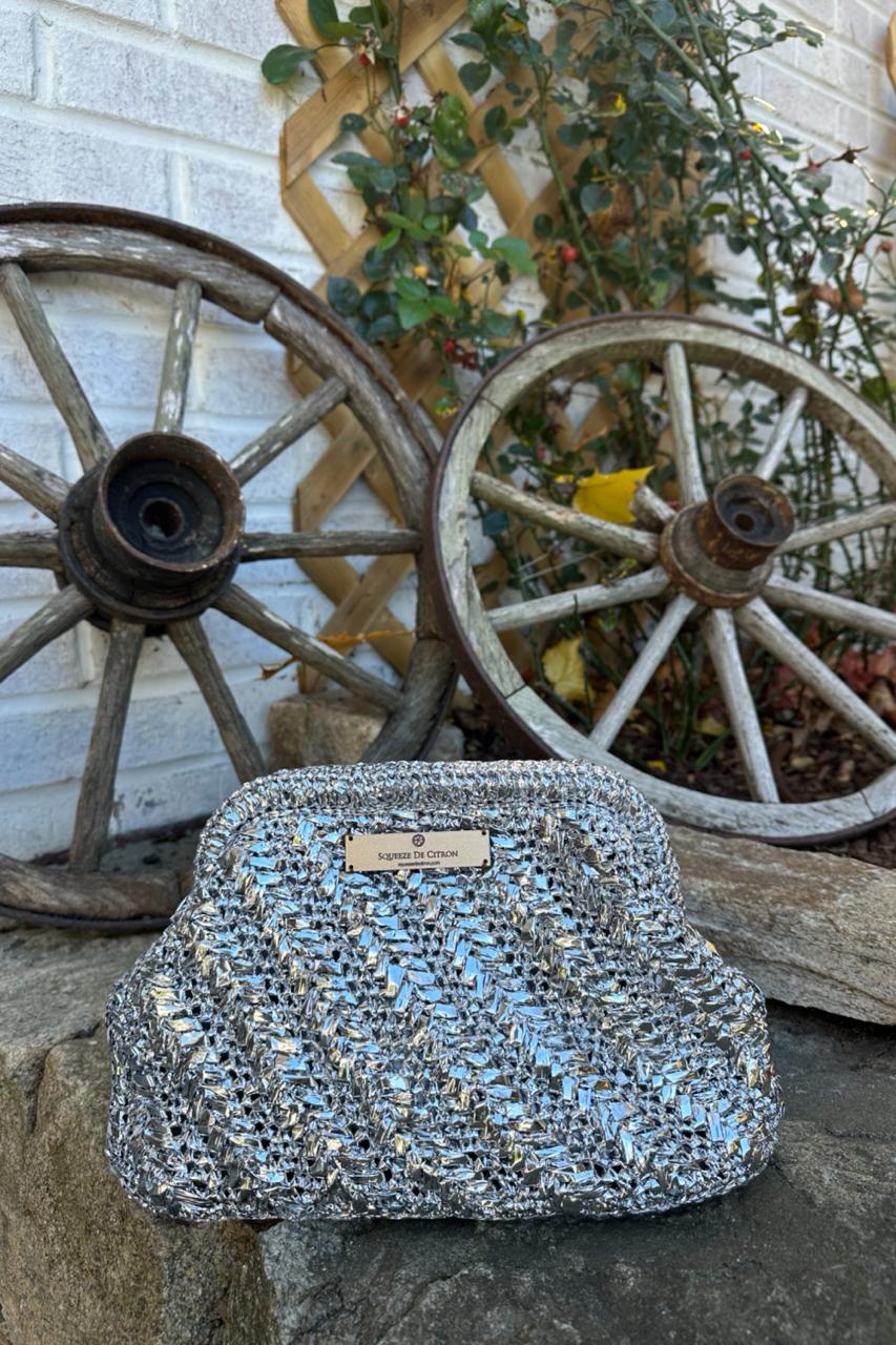 The Raffia Knot Citron Clutch in Silver