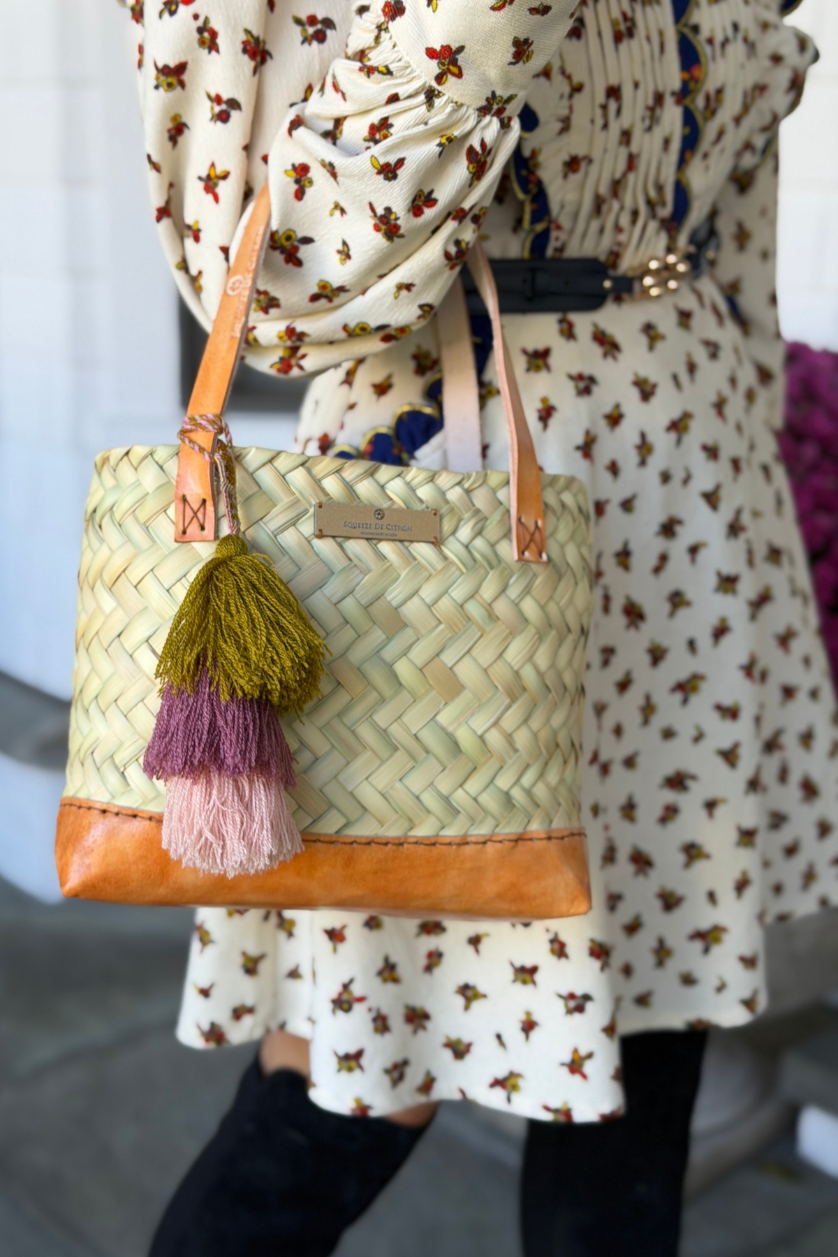Natural Palm with Leather Tote